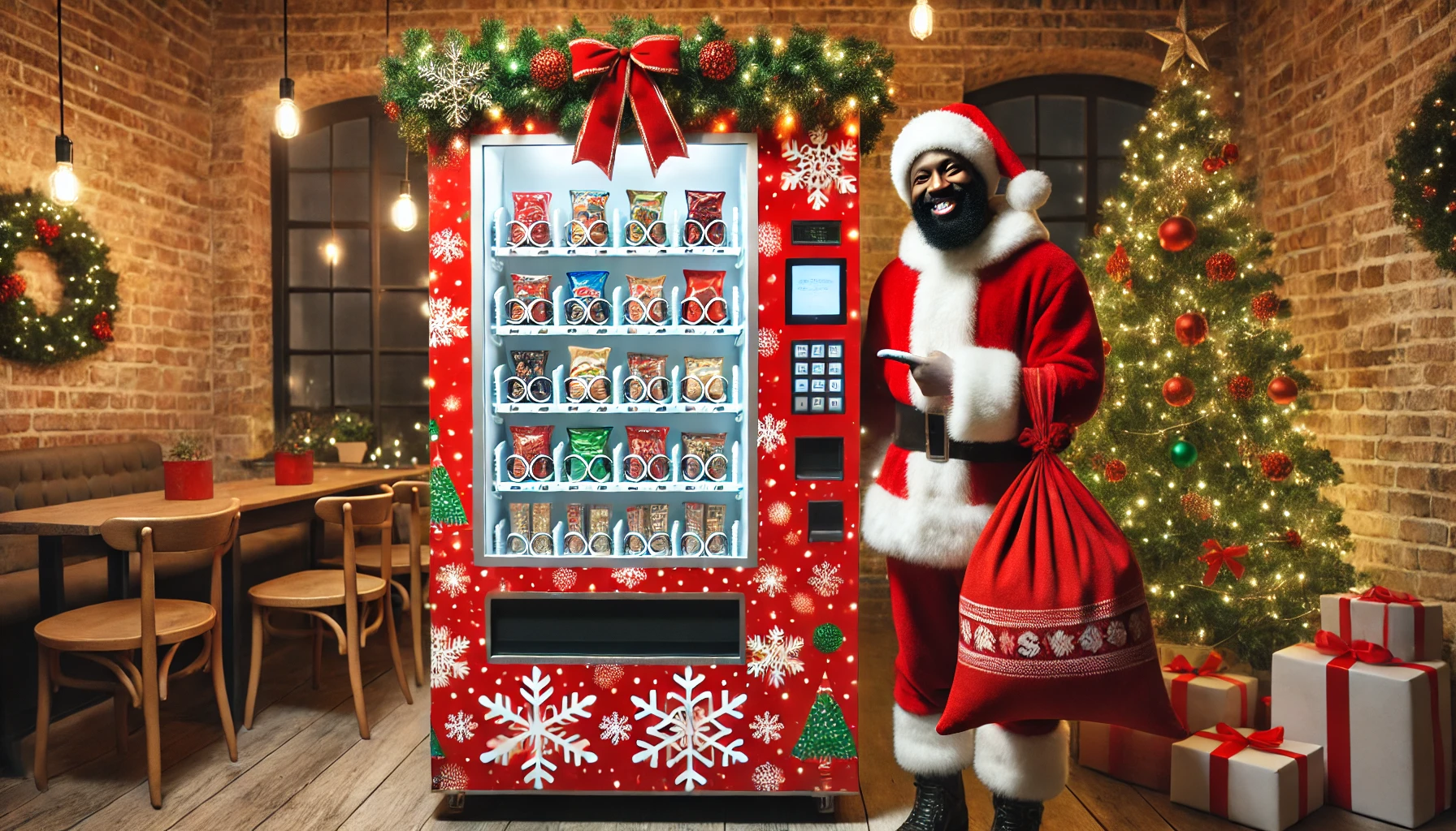 African American Santa Claus in front of a Christmas Themed Vending Machine