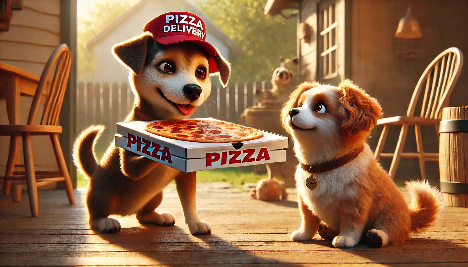 Dog delivering pizza to another dog.