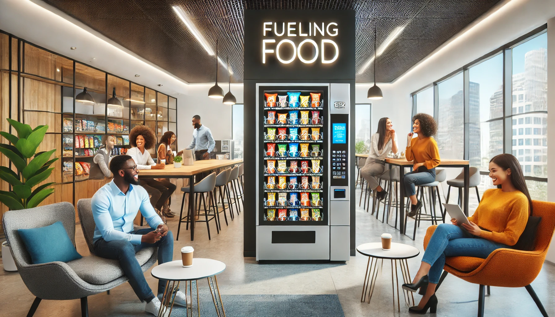 Employees in a breakroom with a vending machine from Fueling Food.