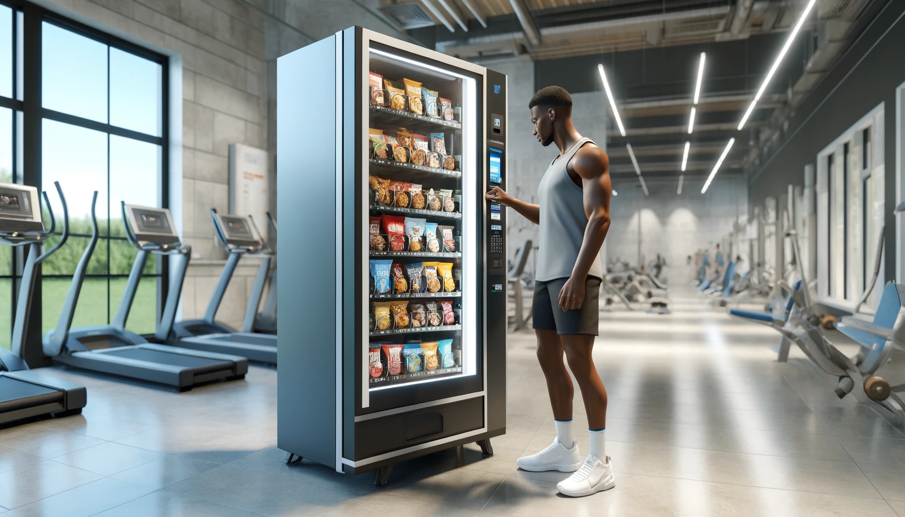 Man getting a preworkout snack from a vending machine.