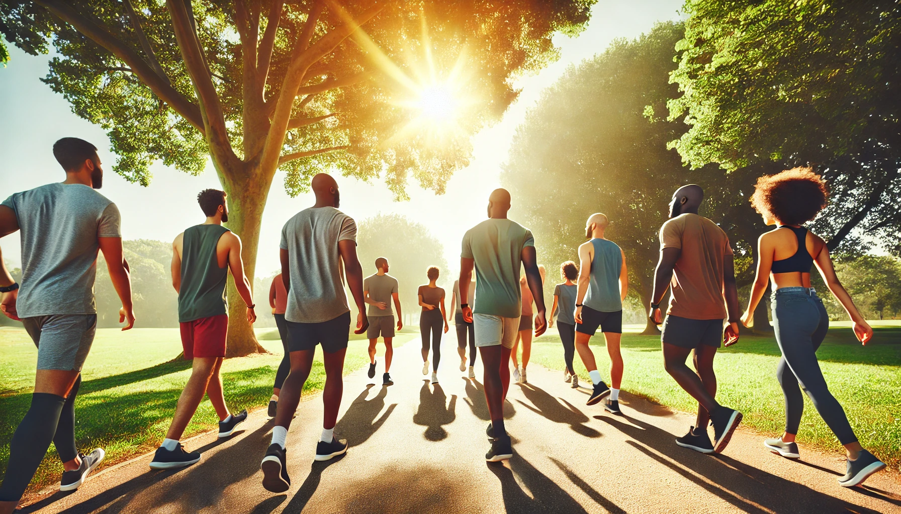 A group of African Americans running in a park.