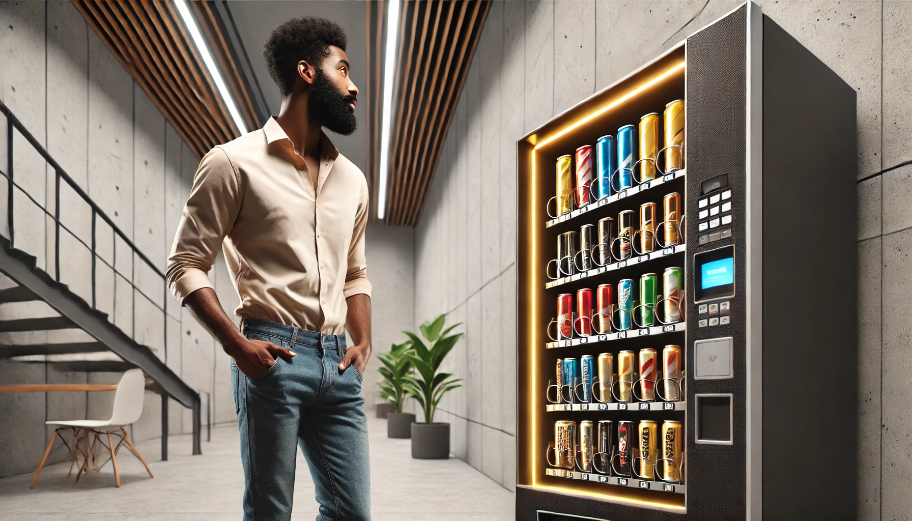 Man working a 3rd shift going to the vending machine for an energy drink